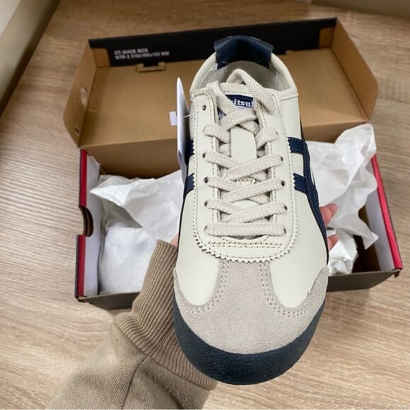 New Onitsuka Tiger Mexico 66 Sneaker Shoes ASICS Birch Peacoat Navy Blue Beige - Picture 6 of 7